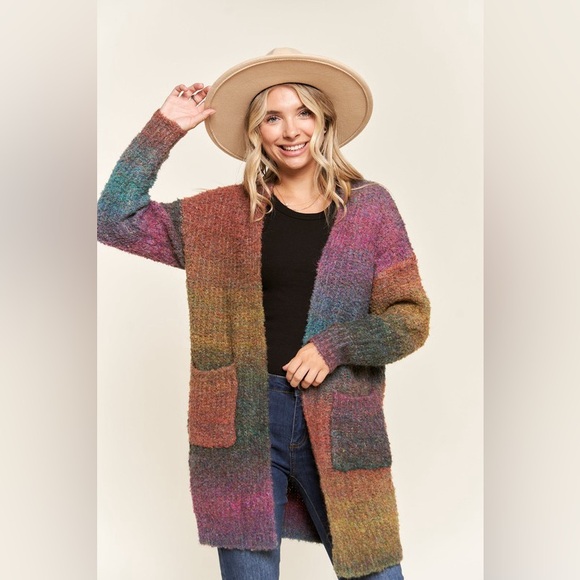 Multicolor Ombre Textured Marled Knit Cardigan with Pockets - Picture 16 of 16